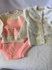 Vintage Baby Knits 3 pcs Infanta, Soft Spun - White/Pink Acrylic with stains 