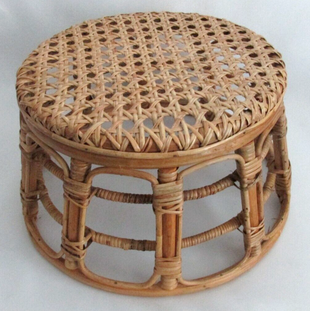 Vintage Rattan Bamboo Caned Foot Stool Plant Stand- Excellent!