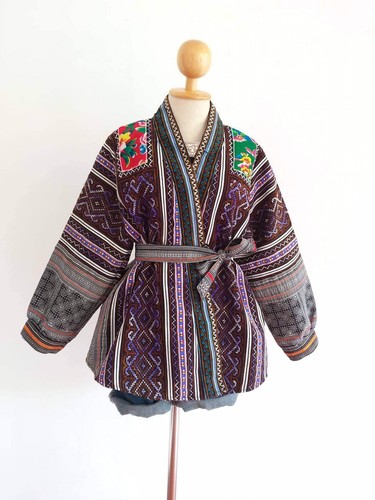 Women's Thai Hmong Hemp Antique Hand Embroid Kimono Wrapper Long Sleeve FreeSize - Picture 7 of 12