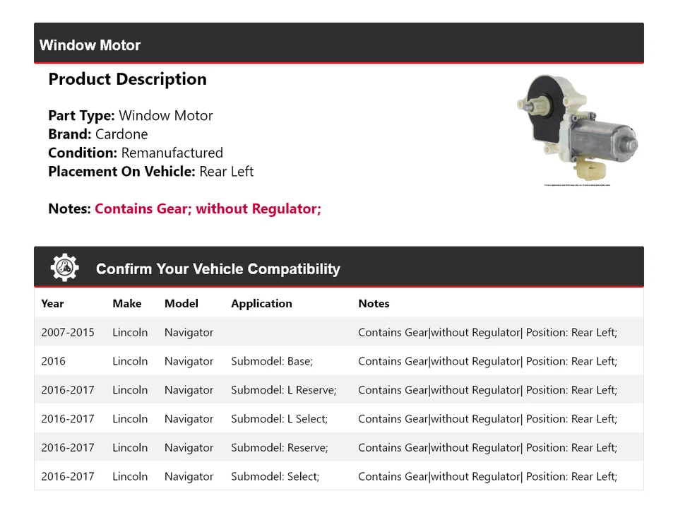 Motor de ventana trasero izquierdo Cardone 2008 2009 2010 Lincoln Navigator 2007-2017 Foto 2 de 4