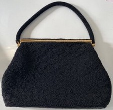 Rare Vintage Hong Kong Black Beaded Purse  Handle With Gold Tone Trim
