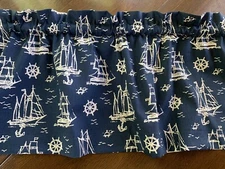 Classic Nautical Beach Coastal Valance, Navy Blue with Sailboats, Ships Wheel.