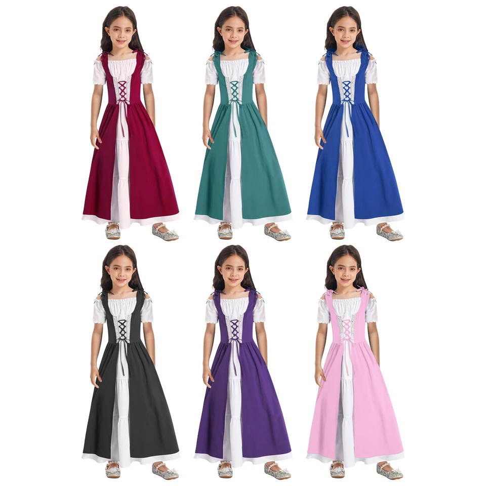 UK Kid Girl Renaissance Dress Medieval Halloween Costume Flare Sleeve Ball Gown - Image 2 of 4