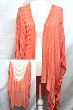 UMGEE Boho Open Front Kimono Cardigan Coral Tie Dye Print Crochet Lace One Size