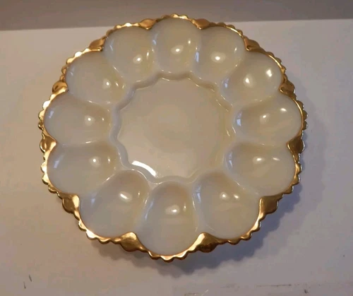 Vintage Anchor Hocking 10" Milk Glass Deviled 12 Egg Plate w/ Gold Trim