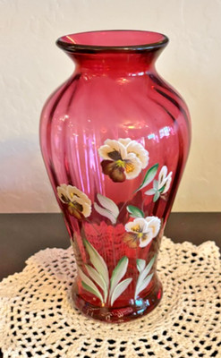 Fenton Cranberry Glass Vase HP Pansies - 1994 Bill Fenton / C. Griffiths #397 LE