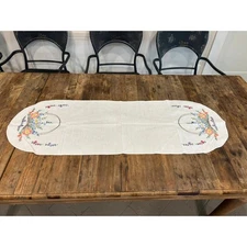 Vintage white linen table dresser runner hand embroidered baskets of flowers