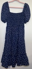 CY Fashion NWT Navy White Polka Dot Dress Smocked Medium Puff Sleeves Ruffle