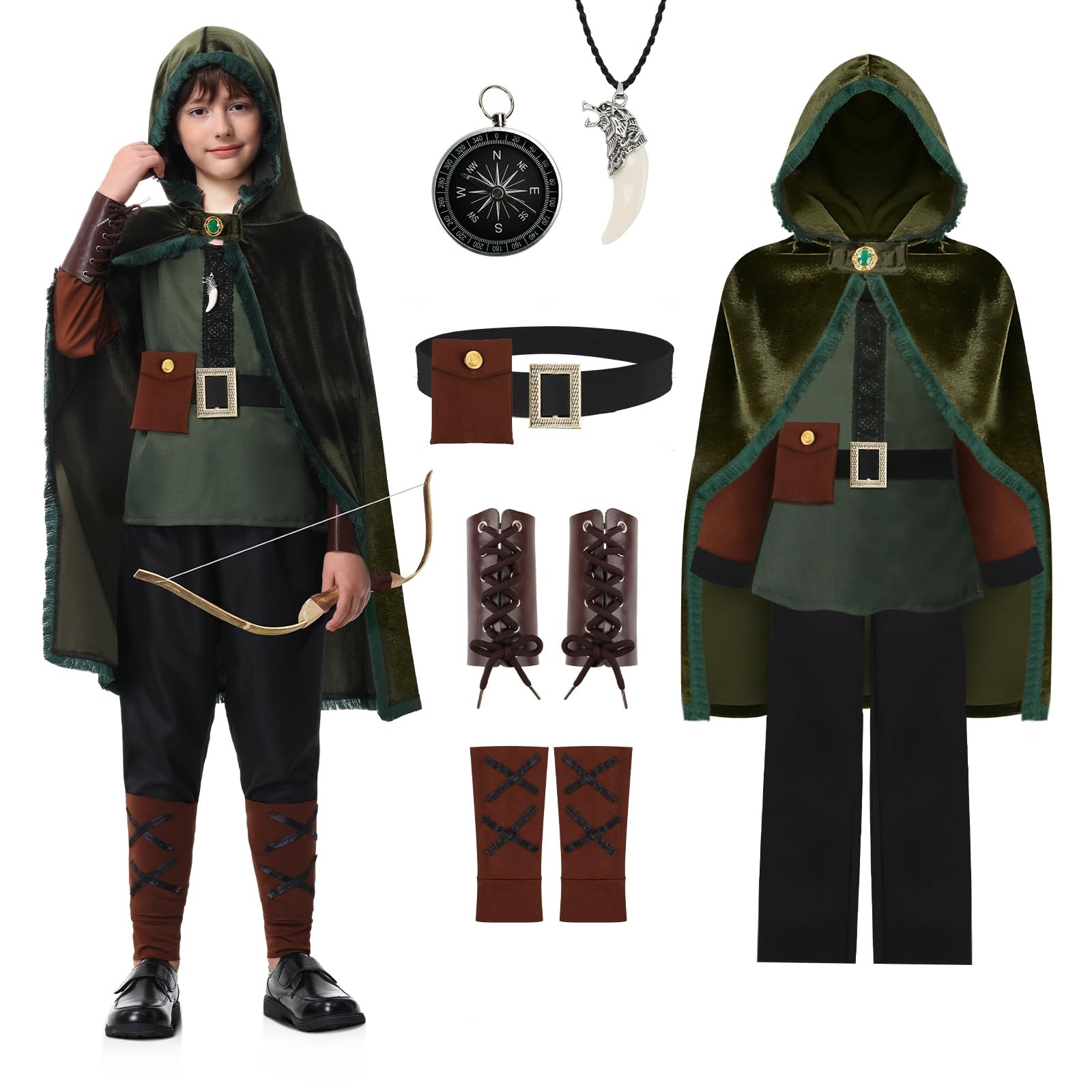 Déguisement Robin des Bois garçon tenue médiévale avec cape et chemise verte
