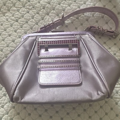 Charles David Metallic Purple Logo Shoulder Bag Zip Lined Inner Pockets Strap