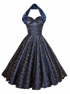 Vivien of Holloway 1950s Halterneck Dress Navy Satin Silver Floral Lace