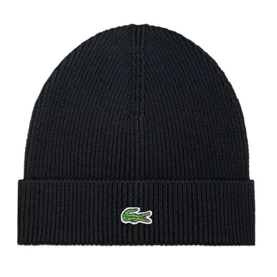 Lacoste Mens Beanie Hat Black Ribbed Wool RB3502