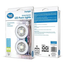 100 Lumens Wireless LED Puck Lights Easy Peel and Stick Mounting 2 Pack New
