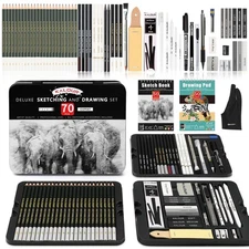 72 Pack Sketch Drawing Pencil Kit with Sketchbook Charcoal Tools Tin Case Set