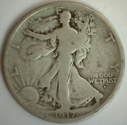 1917 D Walking Liberty Silver Half Dollar 50c US Type Coin Very Good Denver Mint