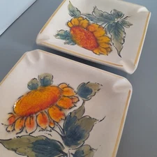 Set of 2 Brazil Hand Painted Ashtrays Sunflower 7" Square Rare