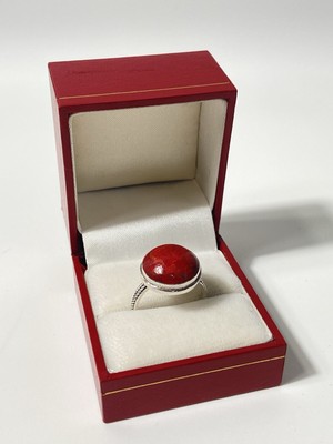 Vintage Sterlingsilber & natürliche Koralle Cabochon Statement Ring 4,75 g Größe Q 1/2
