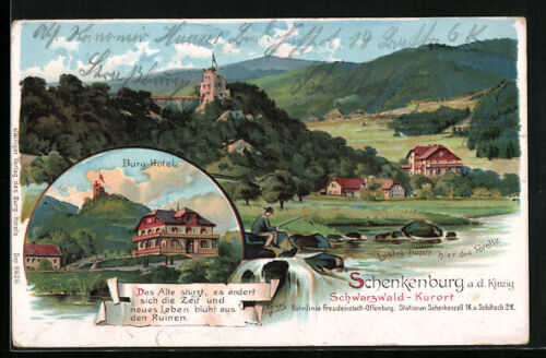 Carte postale Schenkenburg a. d. Kinzig, hôtel château, pêcheur attend la truite  - Photo 1/2