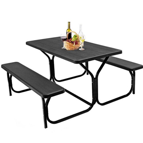 Costway Picnic Table Bench Set 28.5" H X 54" W Rectangle Metal Plastic Top Black - Picture 2 of 4