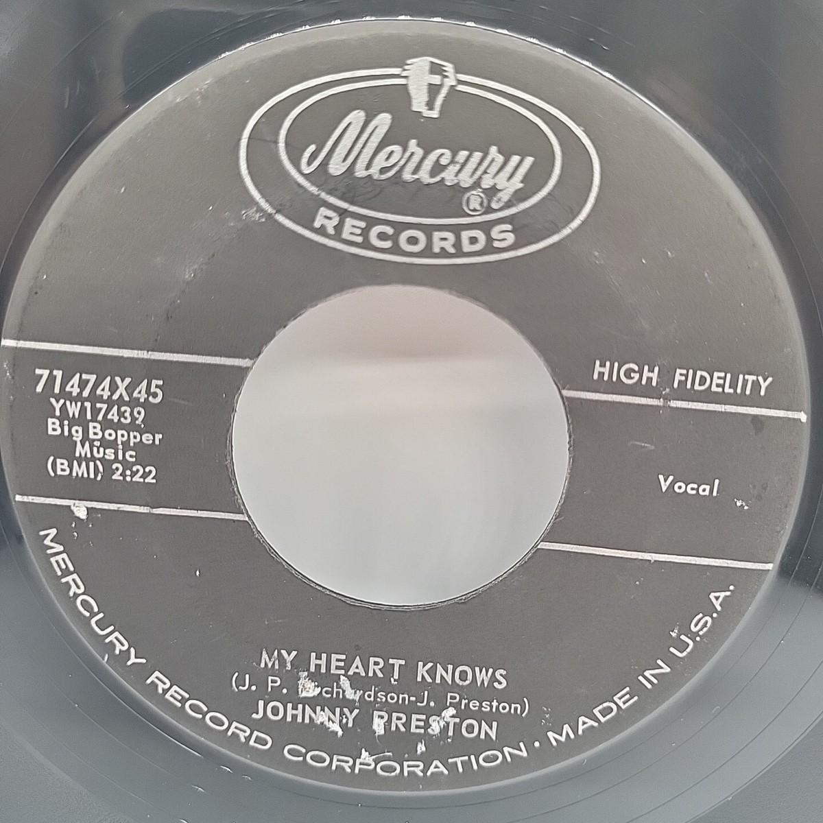 My Heart Knows /Running Bear by Johnny Preston 45 RPM Vintage