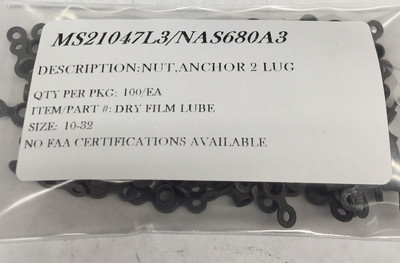 Ms21047l3 Specification.pdf MS21047L3 NAS680A3 NUT 2 LUG STEEL DRY FILM SIZE 10-32 100/EA PACKAGE ...