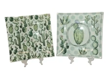Glass Cactus Trinket Dishes Trays Southwest Desert  Square 8" Decor