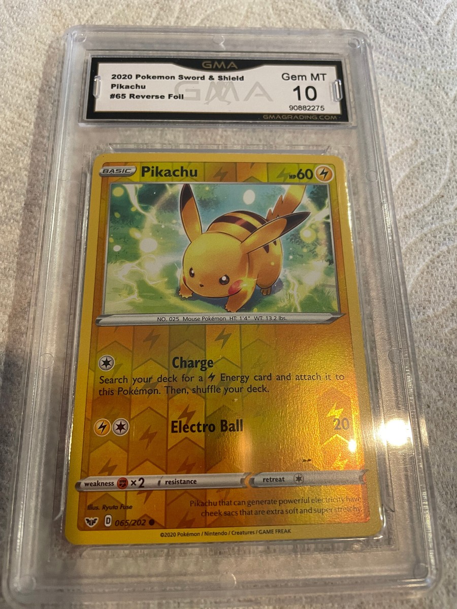 PIKACHU 2020 POKEMON SWORD & SHIELD REVERSE HOLO # 65 GRADED 10 L