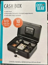 Pen + Gear 10 inch Metal Cash Box with Money Tray and Key Lock, Black, YFC-25