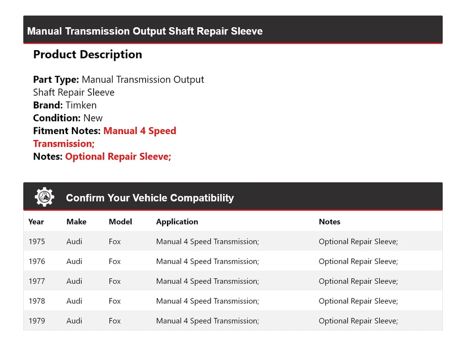 Manguito de reparación de eje de salida de transmisión manual Timken para Audi Fox 1975-1979 Foto 2 de 4