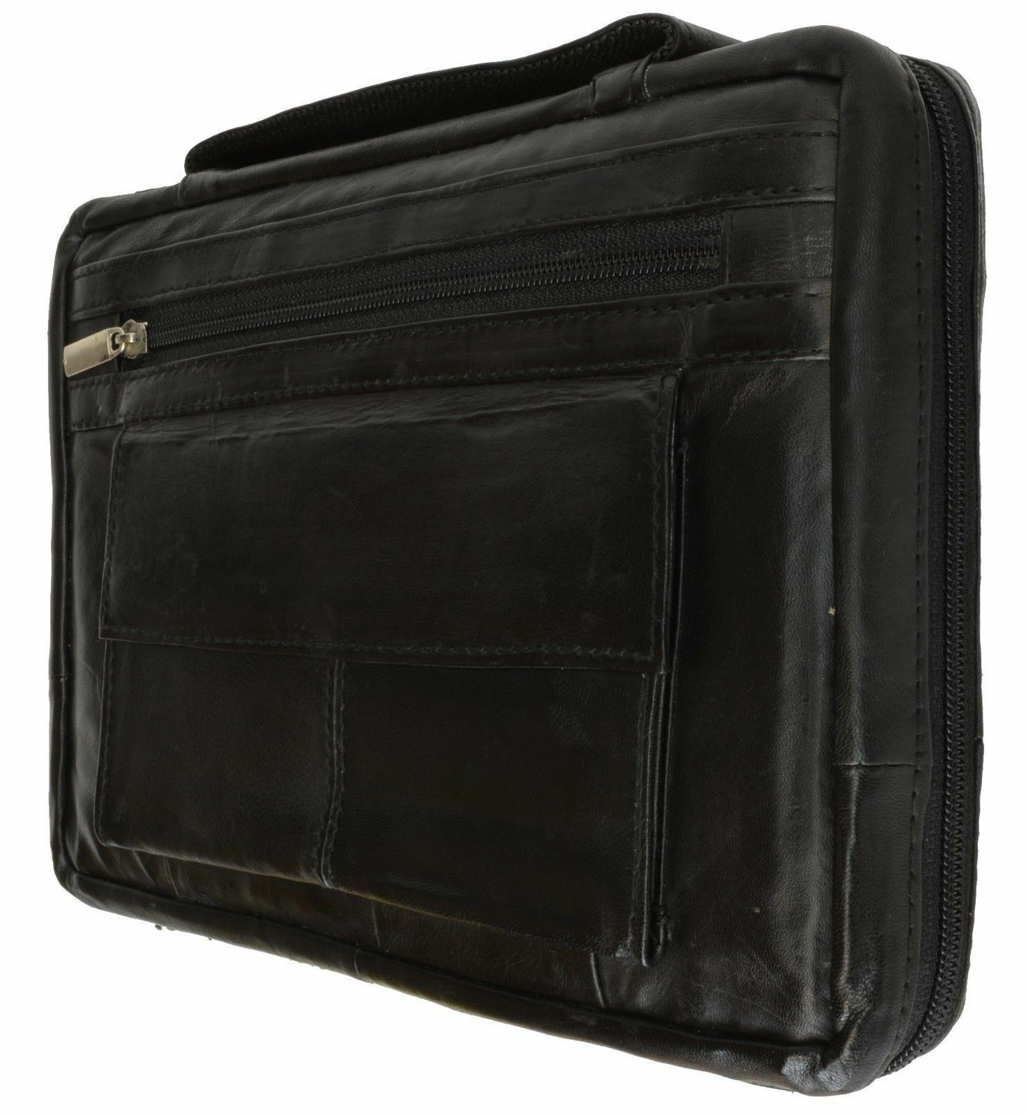 Black Genuine Leather Bible Organizer Book Cover Case Zippered Bag Large
