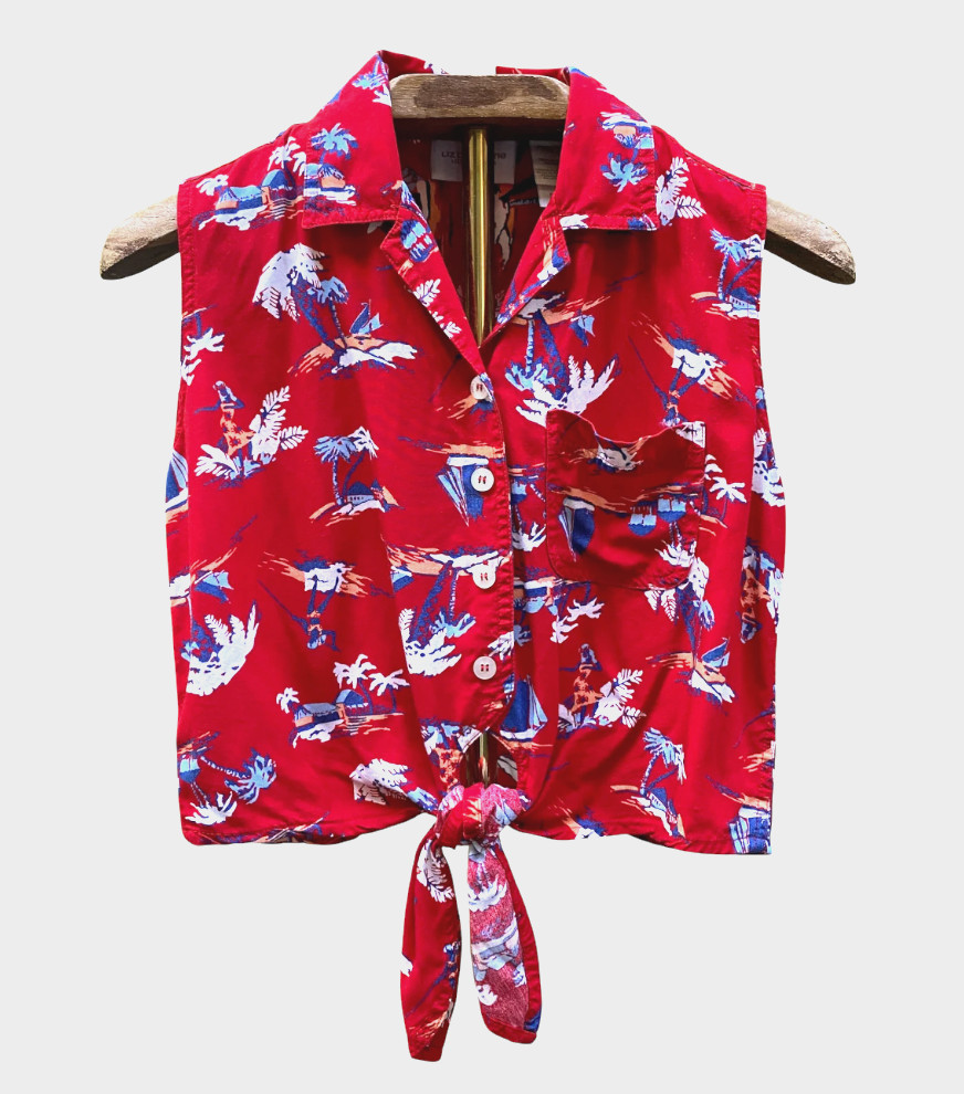Vintage LIZ CLAIBORNE LIZWEAR JEANS Red Hawaiian Shirt Top TIE FRONT SEXY! sz L