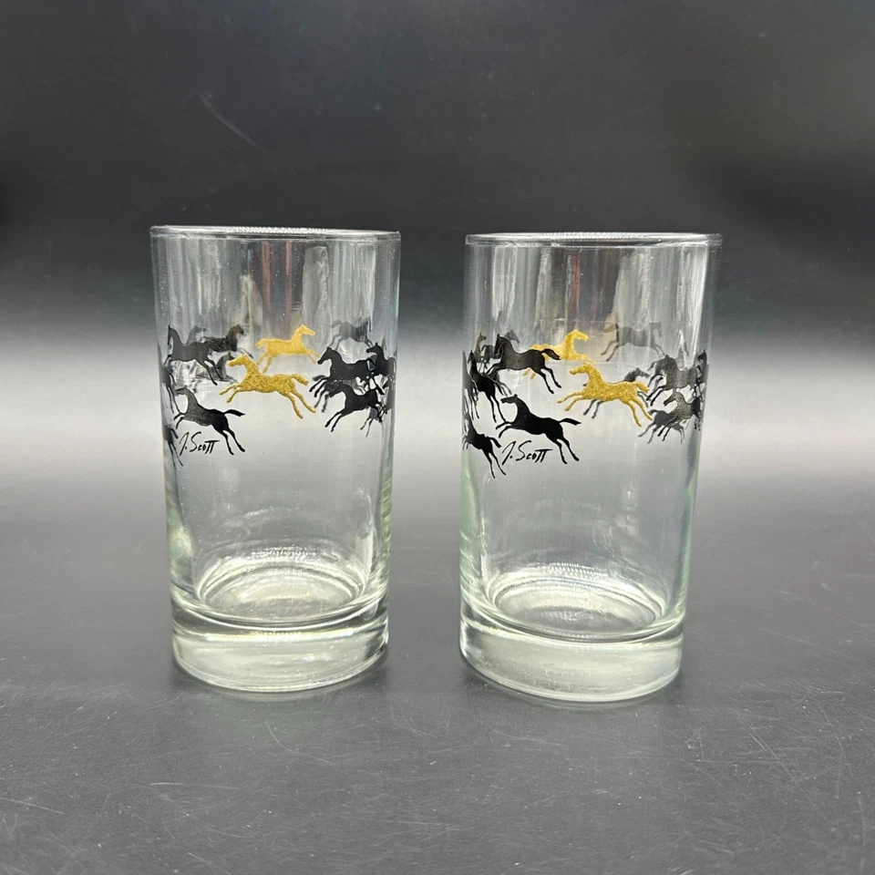 Vintage Horse Tumblers Libbey J Scott Stampede 1970s Black Gold Retro Barware - Image 2 of 4