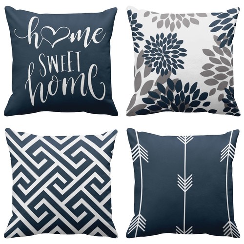 Set of 4 Throw Pillow Covers Modern Abstract Geometry Blue White and Grey Wor...