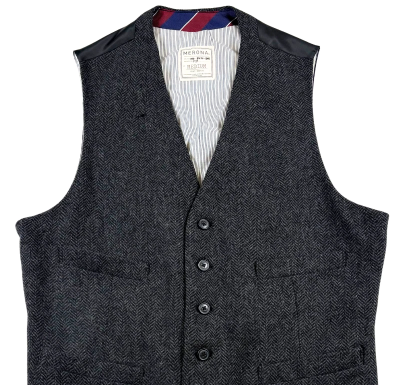 Merona Herringbone Tweed Vest Mens Medium Black Grey Wool Blend Suit Waistcoat - Image 2 of 4