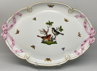 Herend Rothschild Bird 16'' Oval Platter Pink Ribbon Handles Tray 400-0-00 RO