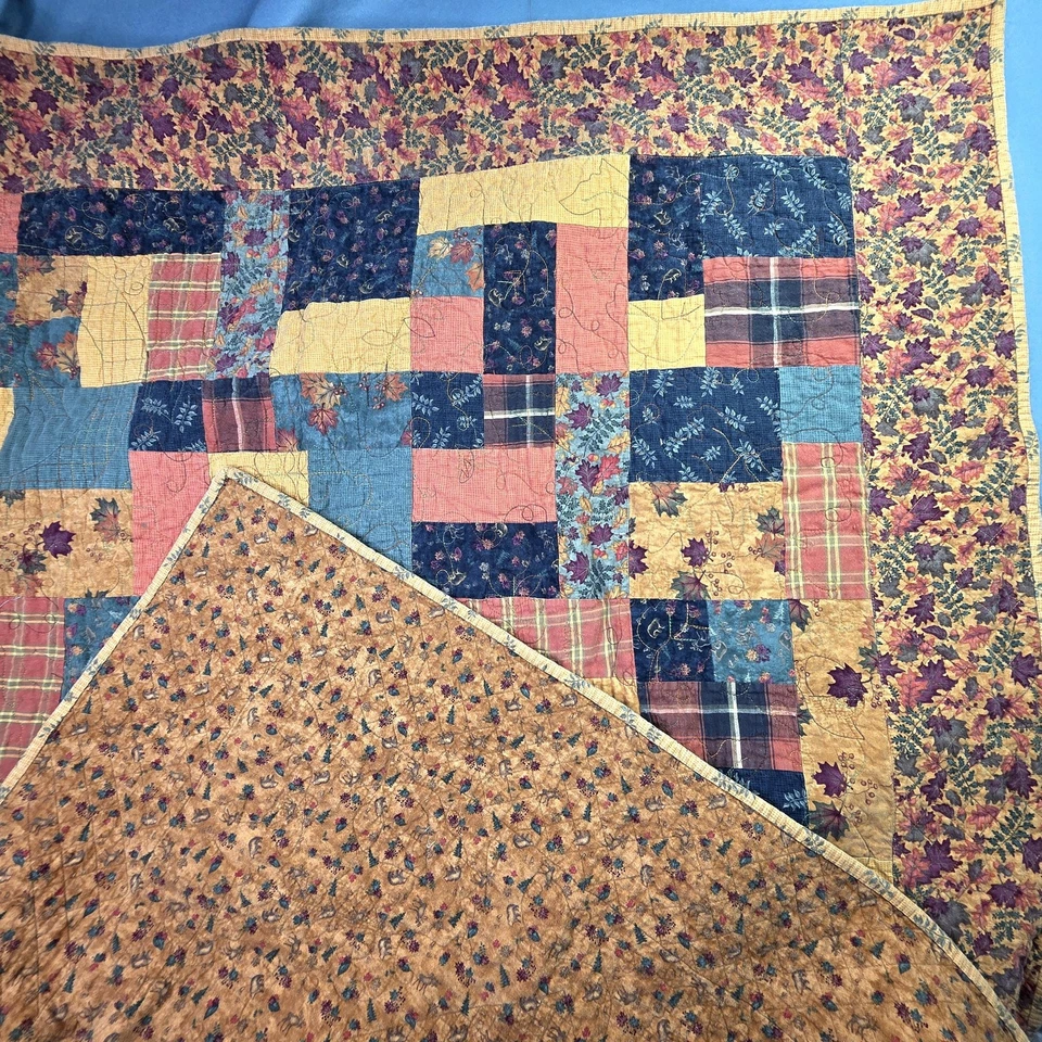 Vintage Patchwork Quilt Autumn Leaves Floral Reversible Trees Bear Blanket 52x76 - Image 4 of 4