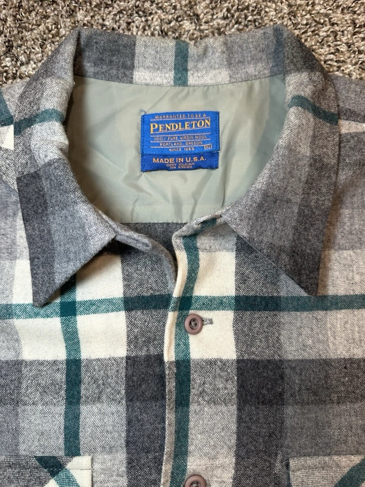 Camisa de Colección Pendleton Para Hombre Talla XL Lana Cuello Lazo Botón Verde Gris EE. UU. Foto 4 de 4