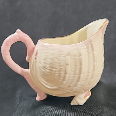 Belleek Ireland Neptune Pink Gold Trim Creamer Seashell Feet Pink Coral Handle