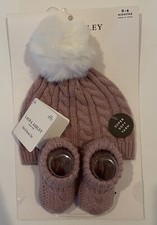 New Laura Ashley Baby Girls Hat  Booties Pink 2 Piece Set Cable Knit 0-6 Months