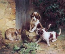 BEST OF FRIENDS RABBIT PUPPIES DOGS ANIMAL PAINTING  BY CARL REICHERT REPRO 