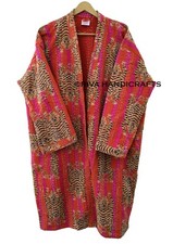 Indian Tibetan Tiger Print Kantha Quilt Handmade Orange Winter Mid-Length Jacket