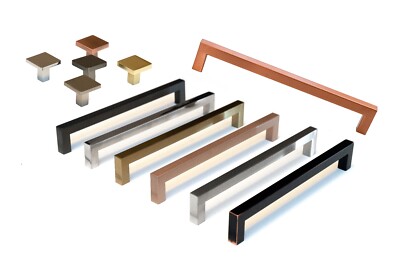 Square Bar Pull Stainless Steel Kitchen Cabinet Handle - Multi Size and Colors
