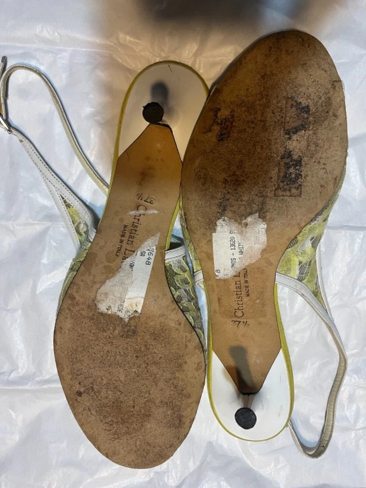 De colección Años 90 Christian Lacroix Amarillo Encaje Eslinga Trasera Punta Abierta Tacones Talla 371/2 Foto 2 de 4
