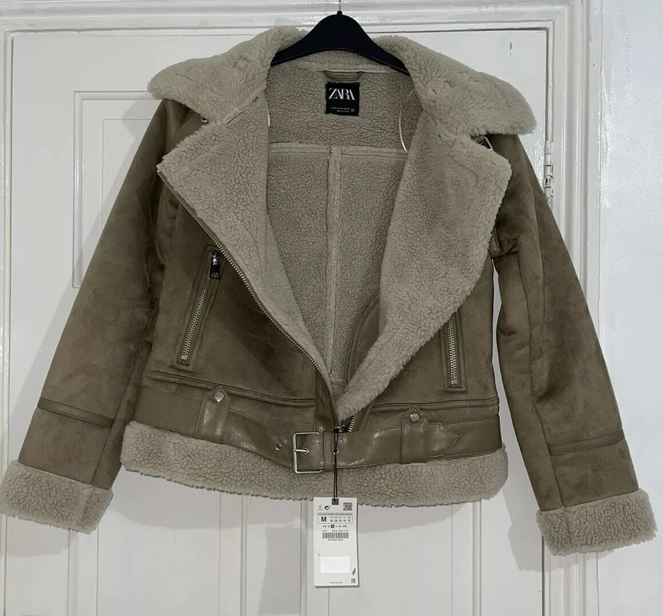 ZARA BEIGE FAUX SUEDE BIKER DOUBLE-FACED BIKER JACKET SIZE M BNWT - Image 2 of 4