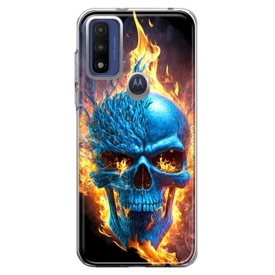 For Motorola Moto G Pure Shockproof Hybrid Case, Blue Flaming Fire Skull