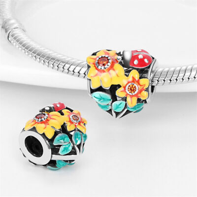 Sunflower Ladybug Ladybird Luck Flower Love Heart Charm Sterling Silver 925
