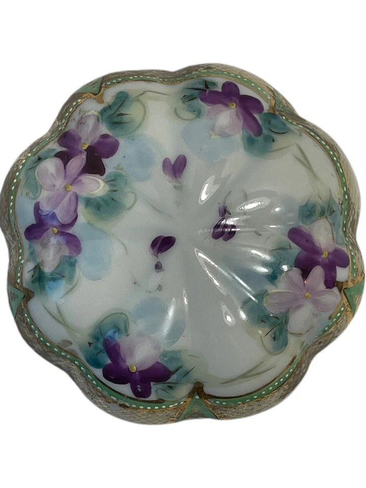 VTG Hand Painted Moriage Trim Purple Floral Footed Trinket Dish w/Lid - Image 4 of 4