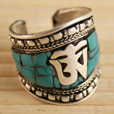 Wunderschöner breiter Ring mit OM und Türkis ~ Tibet (1022)