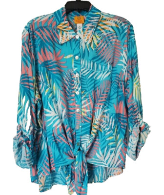 Ruby Rd NWT 3/4 Sleeve Relaxed Tie Front Top Plus 3X Blue Tropical