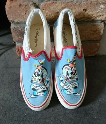 Vtg Ed Hardy blue white red slip on trainers tattoo skull dagger